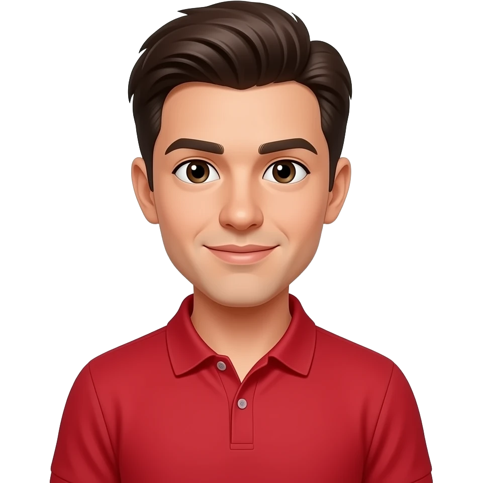 Tan guy with dark brown pushed back hair wearing a red polo in thats 19 emoji