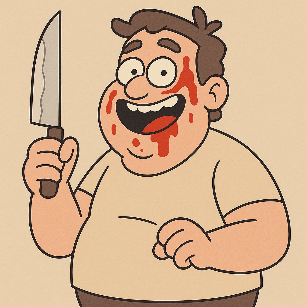 funny man holding a knife, ketchup on face, comic style, emphasized harmless, friendly style, simple background emoji