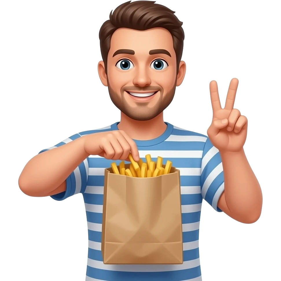 Man putting fries in the bag smiling , holding up the peace sign emoji