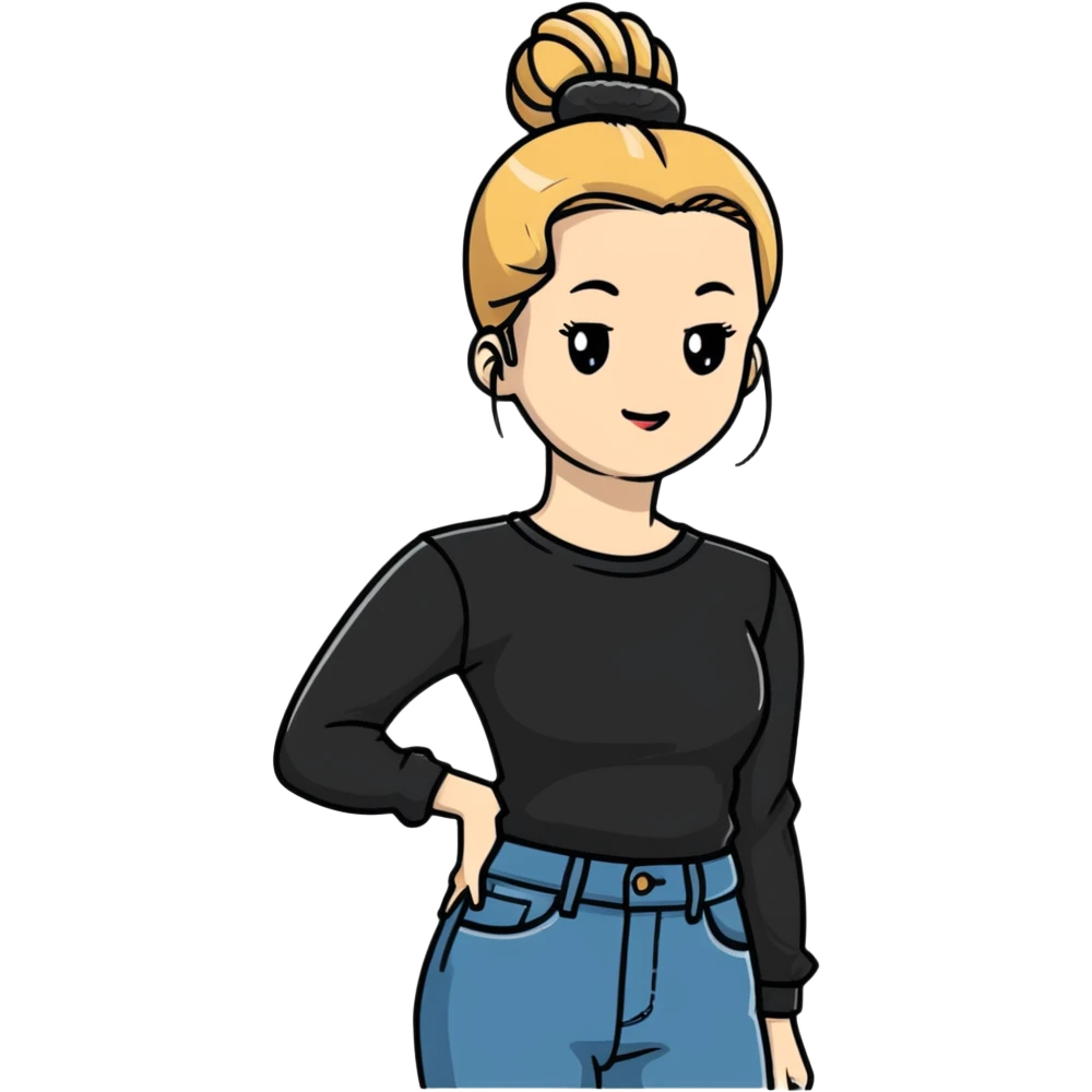 blond woman with bun, long sleeve black shirt, and jeans emoji