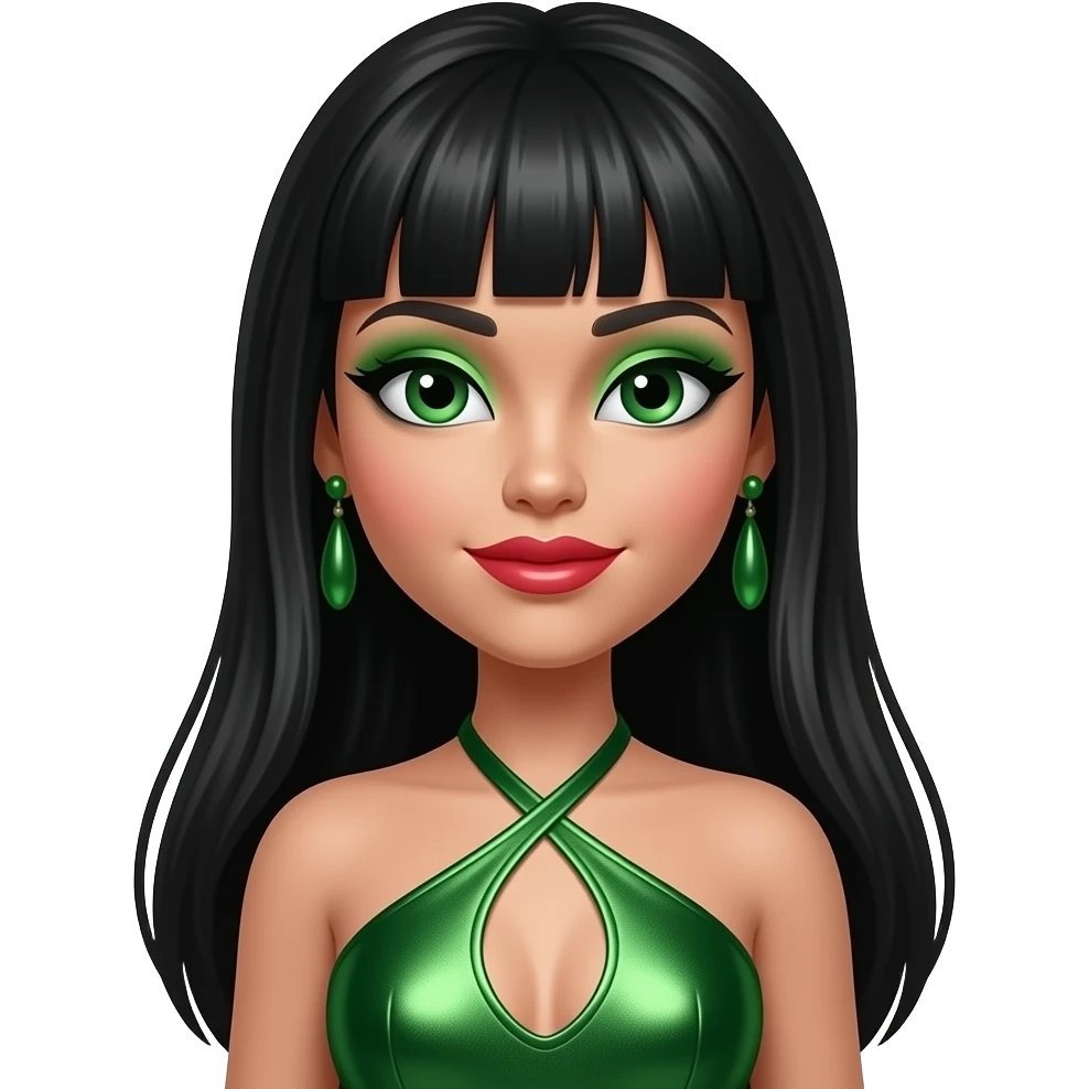 Jade from Bratz with green eyes, long black hair with bang, green eyeshadow, red lipstick, green metallic halter dress, green earrings emoji