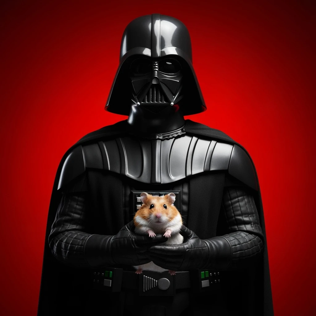 Closeup Photo of a darth vader holding big hamster, low key light, red solid background with leading lines, back light, spot light emoji