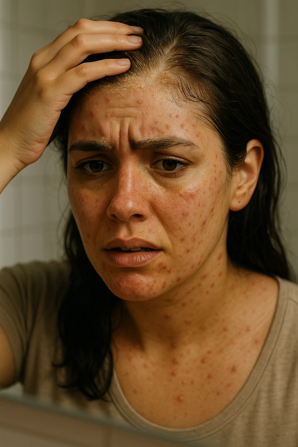 A highly realistic, cinematic close-up portrait of a young woman in her late 20s with medium skin tone, displaying visible folliculitis and seborrheic dermatitis. Small, red, inflamed follicular papules and pustules are scattered along her hairline, jawline, and upper neck, indicating folliculitis. Her scalp and areas around the nose and eyebrows show flaky, greasy yellowish scales, with redness and irritation, indicating seborrheic dermatitis. Her hair appears slightly greasy and clumps near the scalp, emphasizing excess sebum production. She gently touches her irritated scalp with concern while looking at herself in a softly lit bathroom mirror, expressing discomfort and frustration. The environment is neutral and clean, with daylight softly illuminating the scene to highlight the skin and scalp texture. The style is 35mm hyperrealistic, with warm neutral tones and shallow depth of field to maintain focus on her skin, inflammation, and emotional expression, visually explaining the physical discomfort and aesthetic concerns of living with folliculitis and seborrheic dermatitis emoji