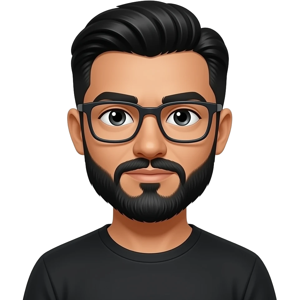 black slick back hair, tan skin, black beard, with squar glasses, white eyes, black tee shirt emoji