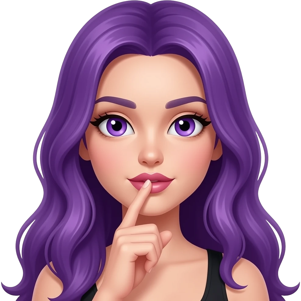 sexy girl with long purple hair and purple eyes put a finger on her lip emoji