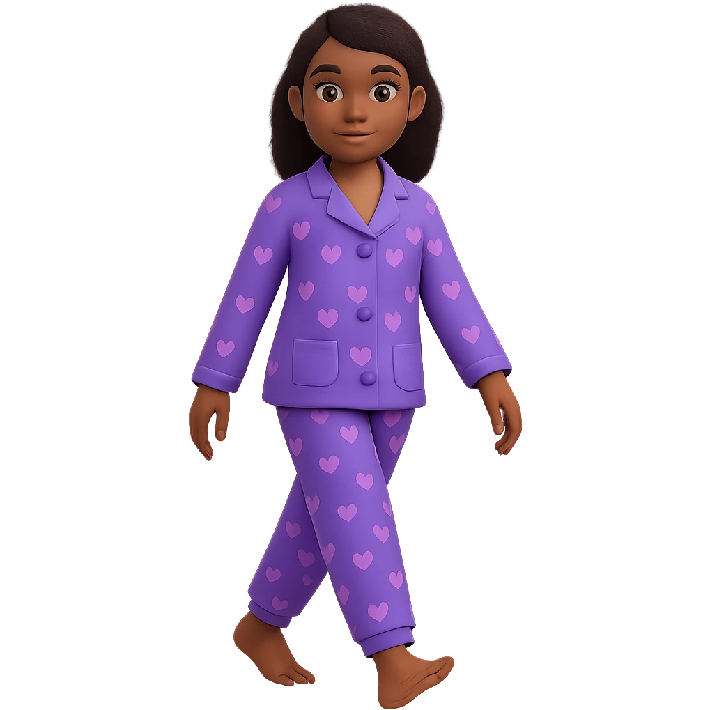 Create an image of a girl walking in pajamas with brown skin in the style of 3D emoji, with no background. The style is 3D emoji but fallback to general for editing as 3D emoji style does not support editing. emoji