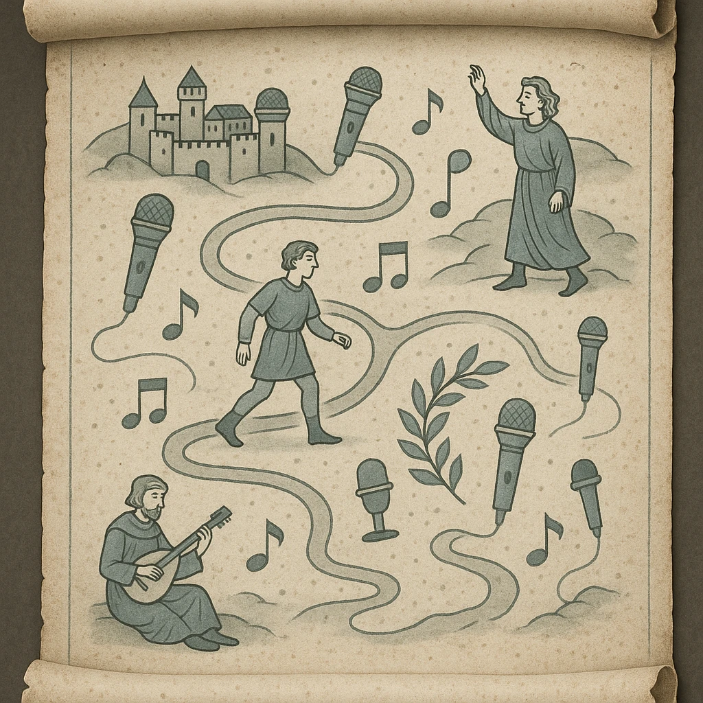 ancient parchment map, slightly curled corners as if just unrolled after a long time, subtle details suggesting a guide for independent musicians on how to grow as a musical artist today, small icons of musical notes, microphones, winding paths, neutral background, no text emoji
