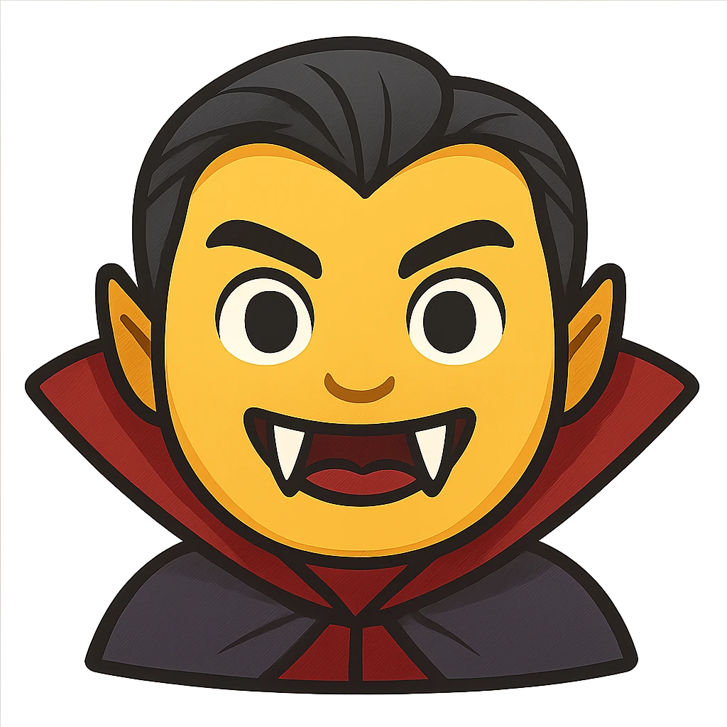 face with vampire fangs and cape emoji, digital illustration emoji