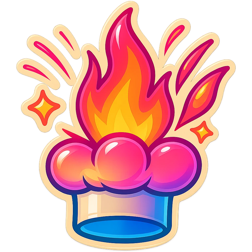 chef's hat explode with trails of fires, emoji, playful, magic flame neon orange to neon pink gradient, vibrant, flame matching style reference file emoji
