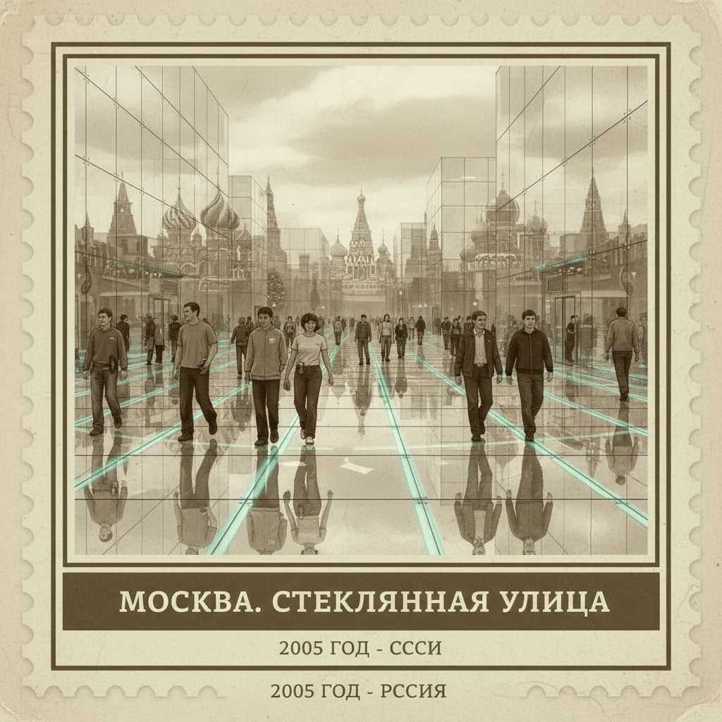 Полностью стеклянная улица в Москве, по которой гуляют люди, машин нет. 2005 год.

Стиль - фотореализм.

Стилизуй под марку с фото emoji