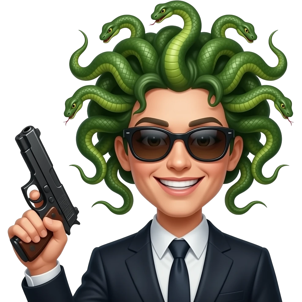 Smirking Beautiful Medusa with sunglasses holding gun emoji