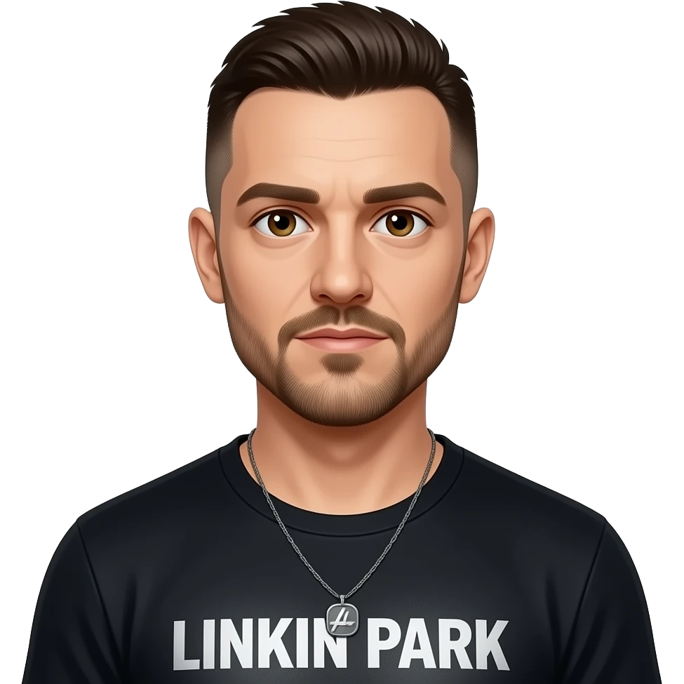 Rob Bourdon from Linkin Park with dark brown eyes, dark brown razor cut hair, black metallic t-shirt, necklace emoji