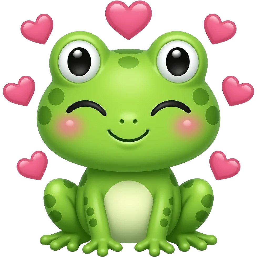 Cute kawaii frog, winking, with hearts around the head emoji