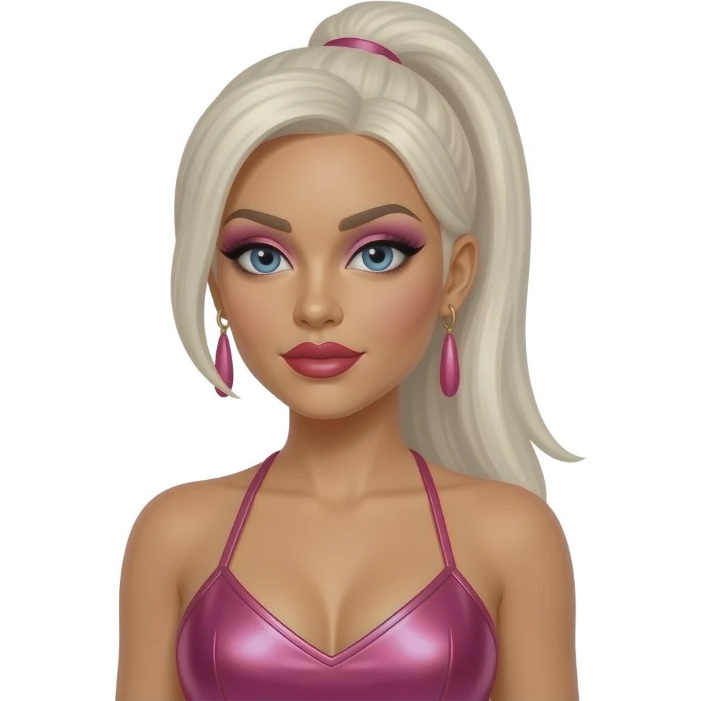 Kimberly Wyatt from The Pussycat Dolls with blue eyes, long white blonde 2000s straight high ponytail hair, pink eyeshadow, red lipstick, pink metallic halter dress, earrings emoji