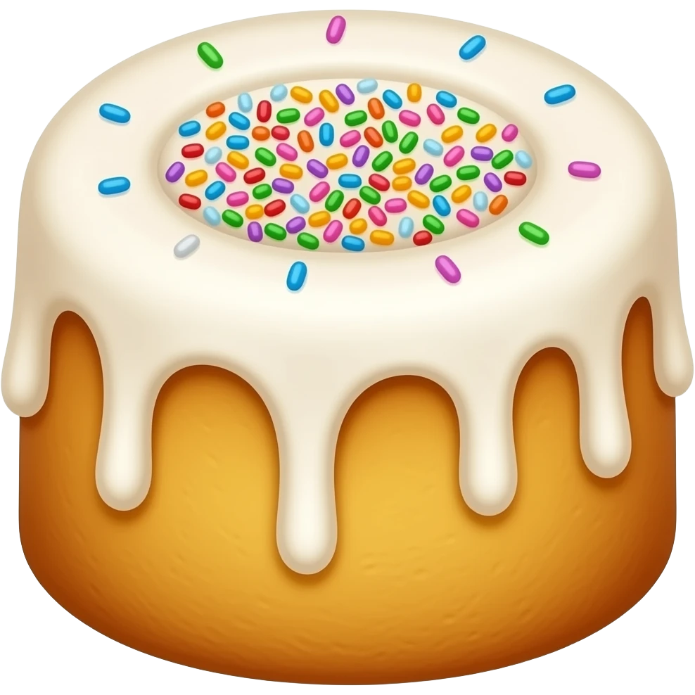 Создай кулич в стиле эмоджи iPhone — это круглая, слегка выпуклая форма с мягкой, золотистой корочкой, будто только что из печи. Верхушка украшена белоснежной глазурью, которая стекает по бокам капельками. В центре — разноцветная посыпка: крошечные сахарные шарики. emoji