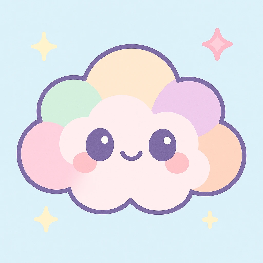 chibi-style kawaii cloud character, smiling face, pastel colors, giggling, mischievous eyes, soft glow, floating in a blue sky with sparkles and stars, cartoon-style, clean background, digital art, 4k resolution emoji