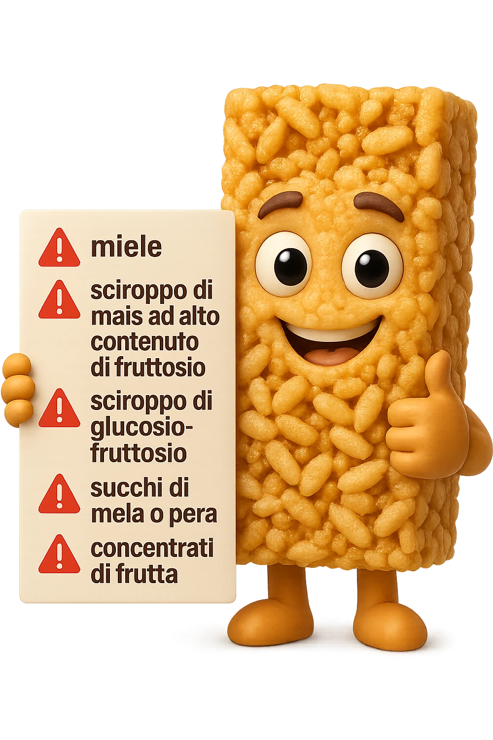 SU QUESTO STILE FAI UN EMOJI STILE IPHONE 3D DI UNa barretta ai cereali con ETICHETTA CON GLI INGREDIENTI SCRITTI, "miele, sciroppo di mais ad alto contenuto di fruttosio, sciroppo di glucosio-fruttosio, succhi di mela o pera,
concentrati di frutta" accanto ad ogni nome scritto mettici un segnale di allarme, FALLO MOLTO REALISTICO IN 3D emoji