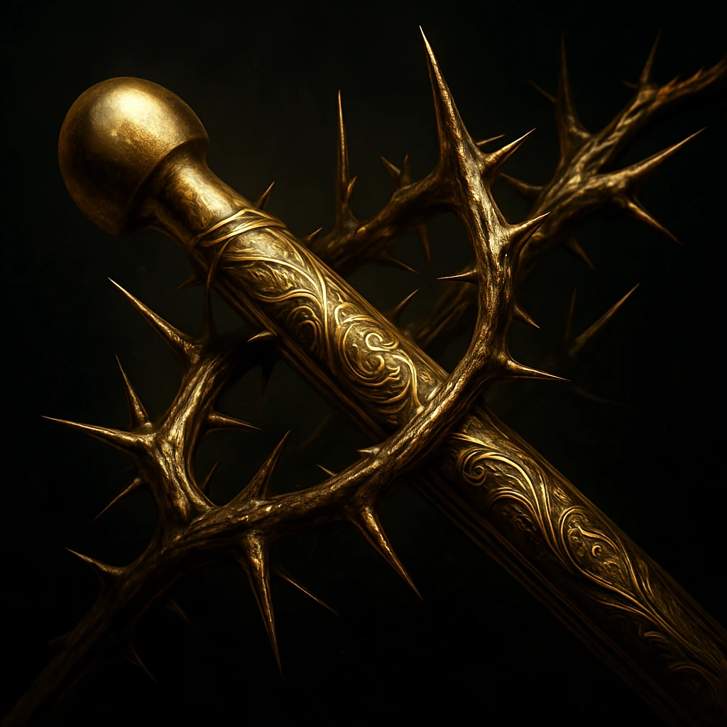 A golden-wrapped arrow with a rounded blunt tip, surrounded by sharp thorns and spikes. The arrow shaft is sleek, featuring intricate gold filigree patterns. Luxurious metallic sheen, dark background, cinematic lighting, hyper-detailed, fantasy style. emoji