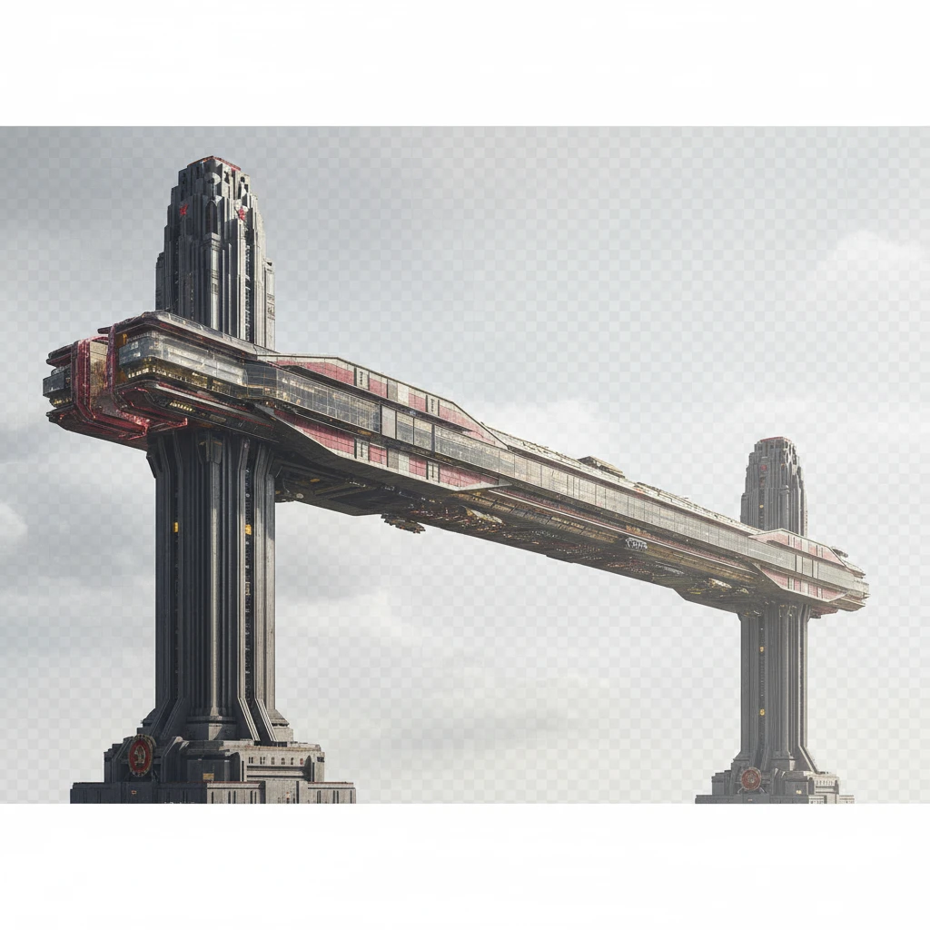 Небоскреб как будто из альтернативного СССР будущего. Две высокие стойки, как столбы. На них лежит огромный горизонтальный небоскреб, очень длинный в обе стороны.

Фотореализм. Прозрачный фон emoji