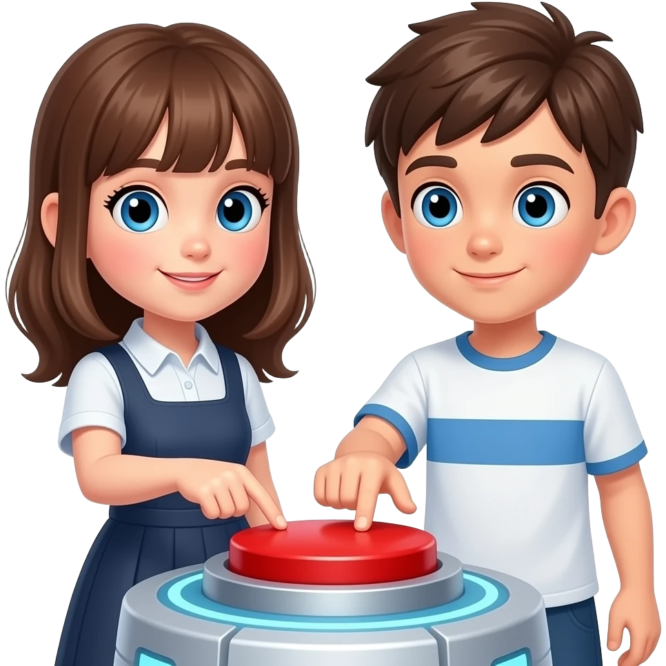 hacme una maquina del tiempo con un boton rojo un chico y una chica lo estan a punto de apretar, con ojos azules tocando la maquina del tiempo, la chica medio castanya con un peto de vestido i el chico castanyo con camiseta blanca y una raya azul emoji