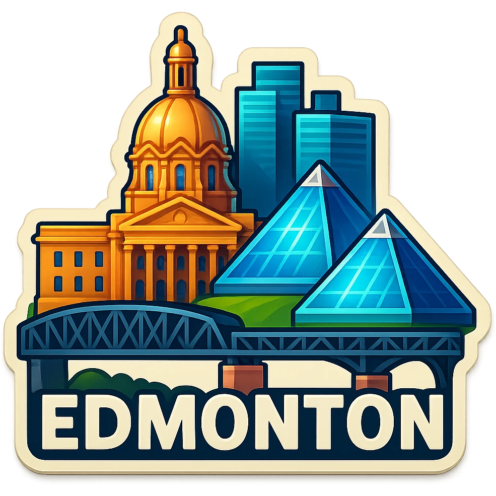 Remove the sky and clouds from the Edmonton emoji, keeping everything else exactly the same: the skyline with the Alberta Legislature Building, Muttart Conservatory, High Level Bridge, lifelike detail, accurate colors, bright lighting, wide city view. Maintain a fully transparent background and do not change anything else. emoji