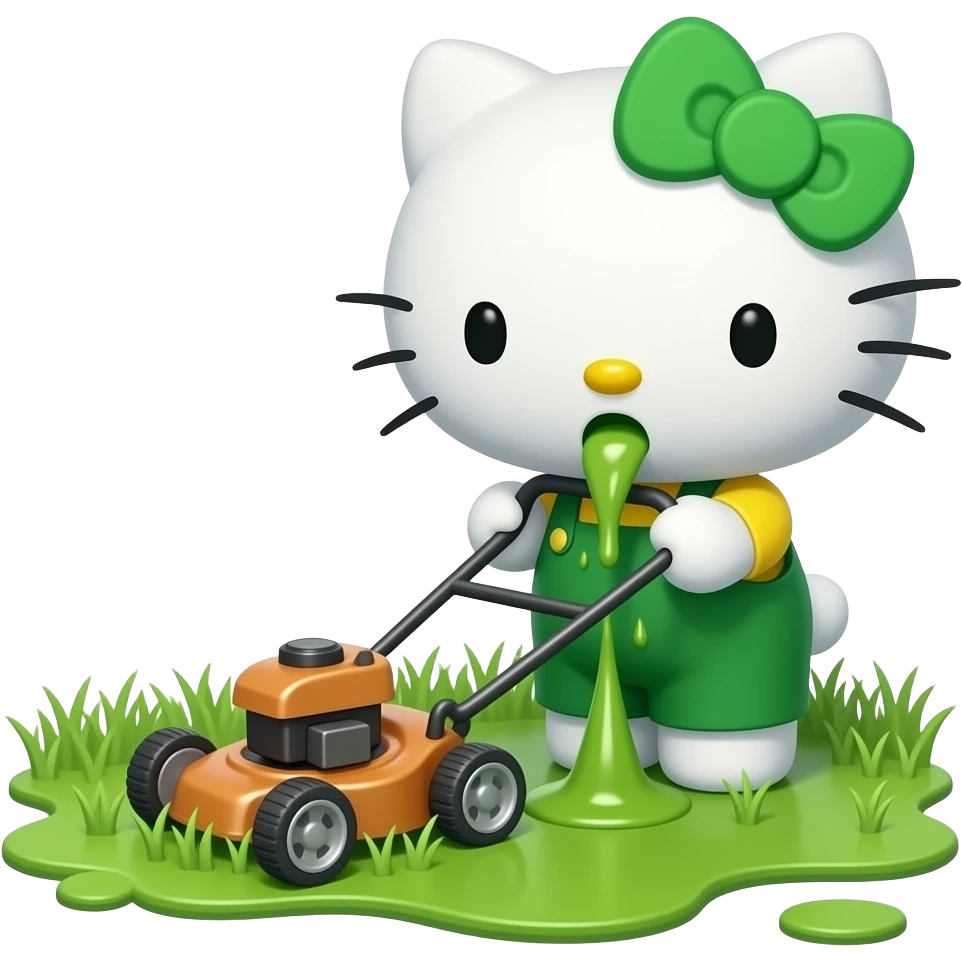 A green-and-white Hello Kitty is mowing the lawn with a lawnmower, and she's throwing up a lot while she does it—she's covered the ground in vomit emoji