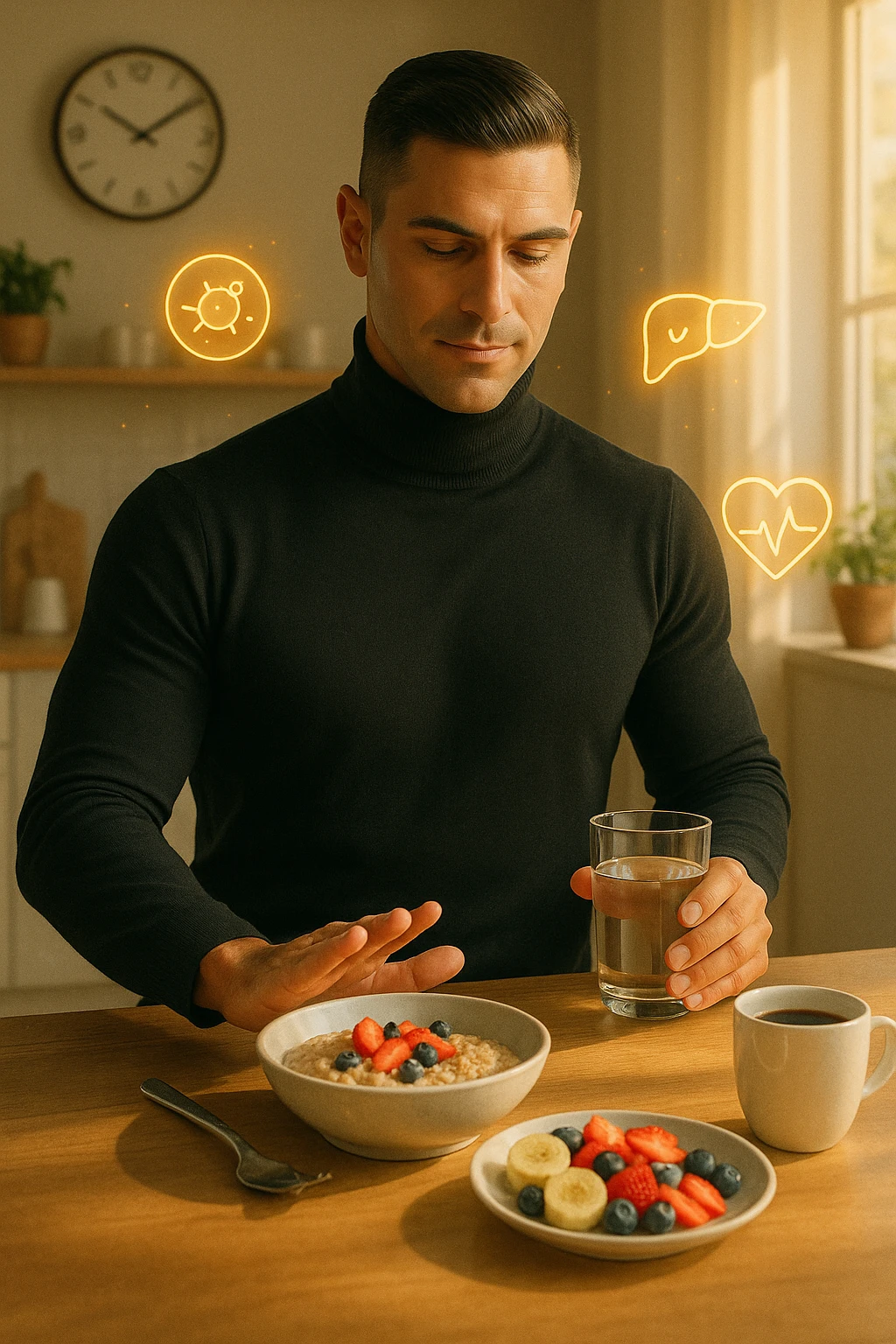 A realistic, cinematic illustration of a man in his early 30s with a fit, healthy appearance, standing in a bright kitchen in the morning. The kitchen table has a prepared but untouched healthy breakfast (oatmeal, fruit, coffee) on it, while the man, with a calm and focused expression, gently pushes the plate away with one hand while holding a glass of water in the other. A wall clock in the background shows 8:00 AM, indicating the morning fasting window, while sunlight streams in, illuminating the scene. Subtle glowing icons of a regenerating cell, a clean liver, and a heart float softly around him, symbolizing the health benefits of intermittent fasting. The atmosphere is clean, minimal, and motivating, showing that the man chooses intermittent fasting consciously for health, clarity, and energy rather than weight loss alone. The color palette is warm, with natural light and a slight film grain for depth emoji