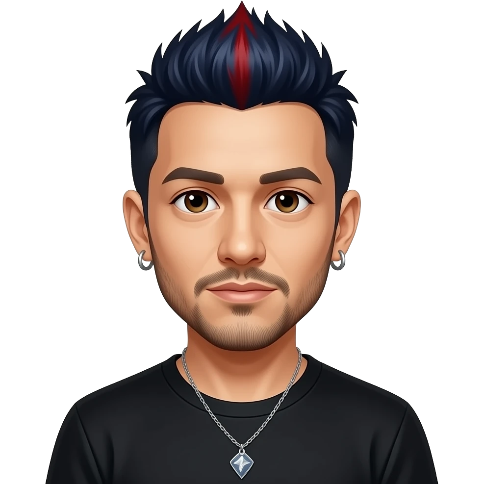 Mike Shinoda from Linkin Park with dark brown eyes, dark indigo spiky hair with red highlights, black metallic t-shirt, necklace and earrings emoji