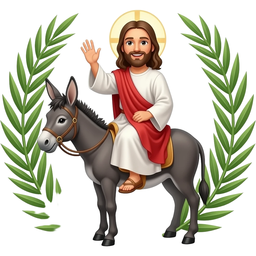 Jesus on a donkey and people waving palm branches in the background emoji