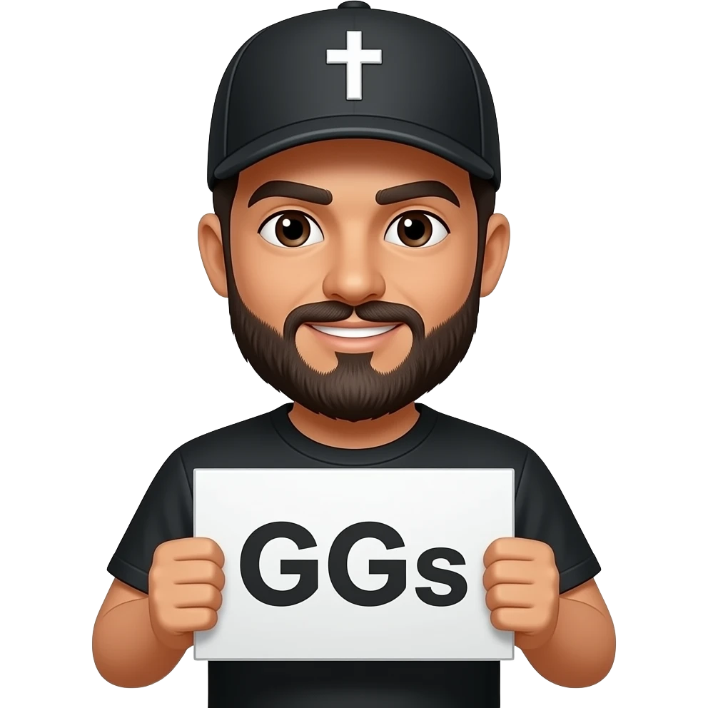 Hispanic Bearded Gamer Wearing A Black Cap that has a cross on it  Holding Sign that says GGs emoji