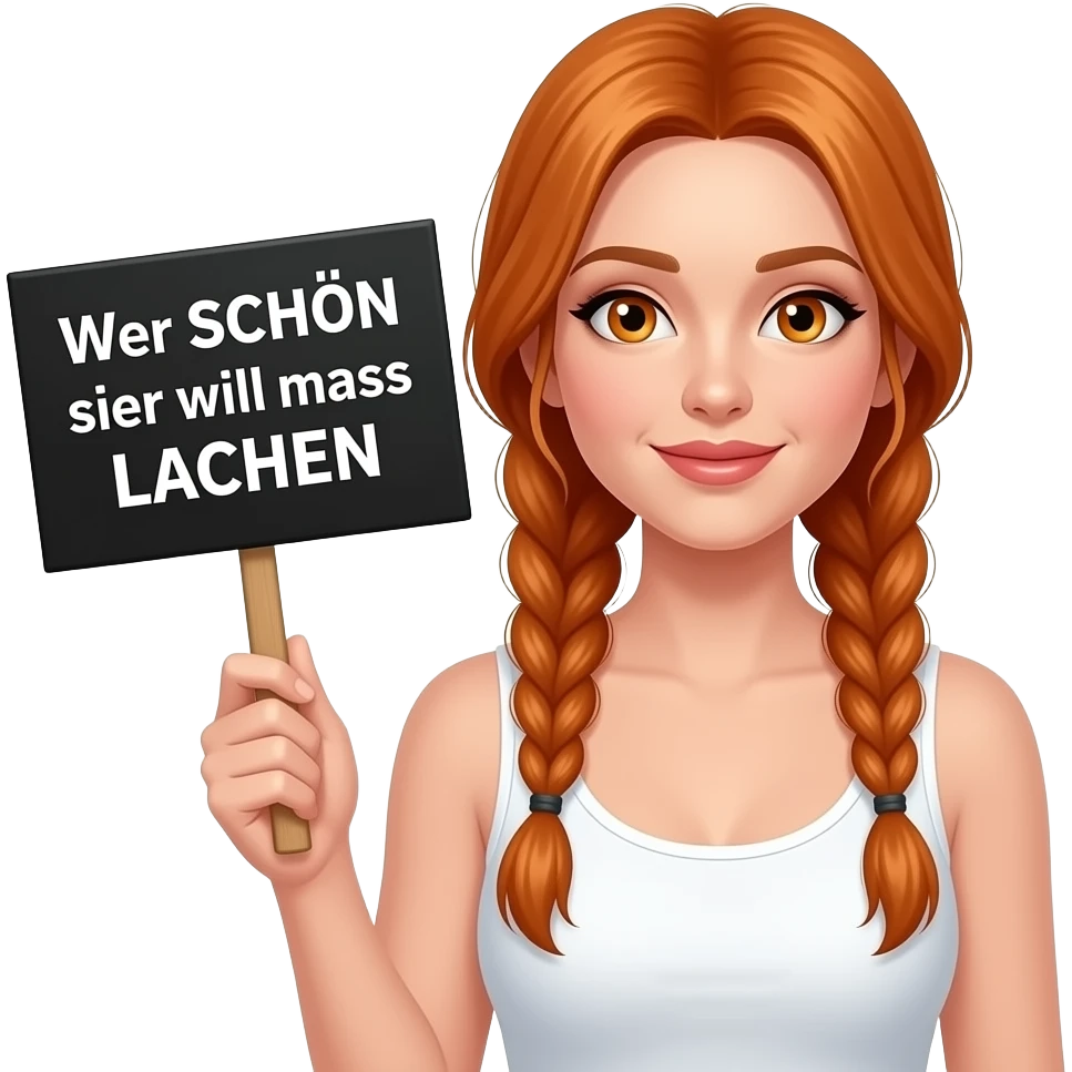 sexy girl with long ginger braids and ginger eyes wearing a white tanktop is holding a black sign with Wer SCHÖN sein will muss LACHEN written on it emoji