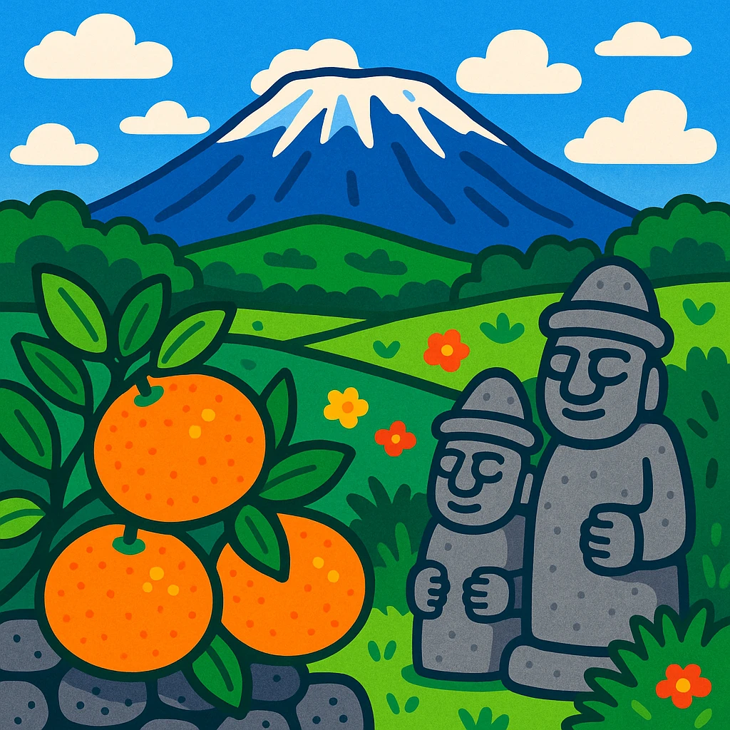 Jeju Island iconic scenery with Hallasan mountain, tangerines, stone statues, vibrant and playful style emoji