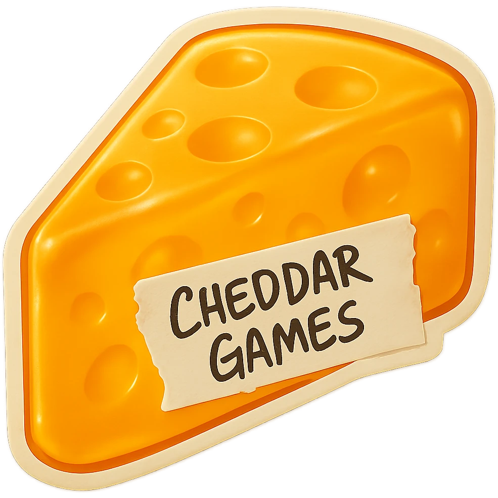 Add a piece of torn white tape to the side of the cheese wedge. Write 'Cheddar Games' on the tape in messy black Sharpie handwriting. Keep the cheese wedge exactly the same otherwise. Retro 90's toy style, semi-transparent plastic, no background. emoji