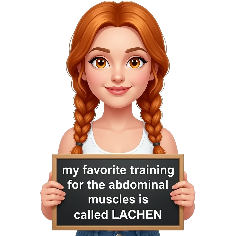 sexy girl with long ginger braids and ginger eyes wearing a white tanktop is holding a black sign with MEIN LIEBLINGSTRAINING für die BAUCHMUSKELN heißt LACHEN written on it emoji