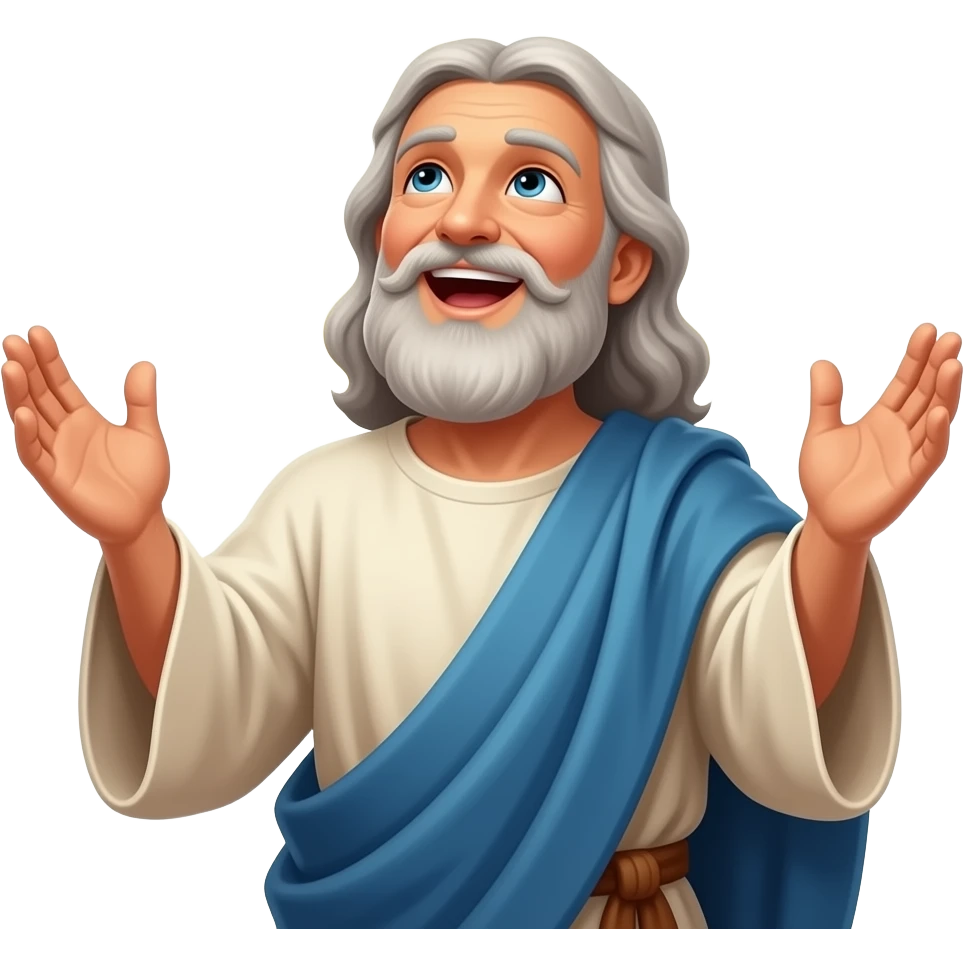 An old man wearing clothing from ancient biblical times looking up at God with his hands stretched out with a look of joy on his face singing praises to God emoji