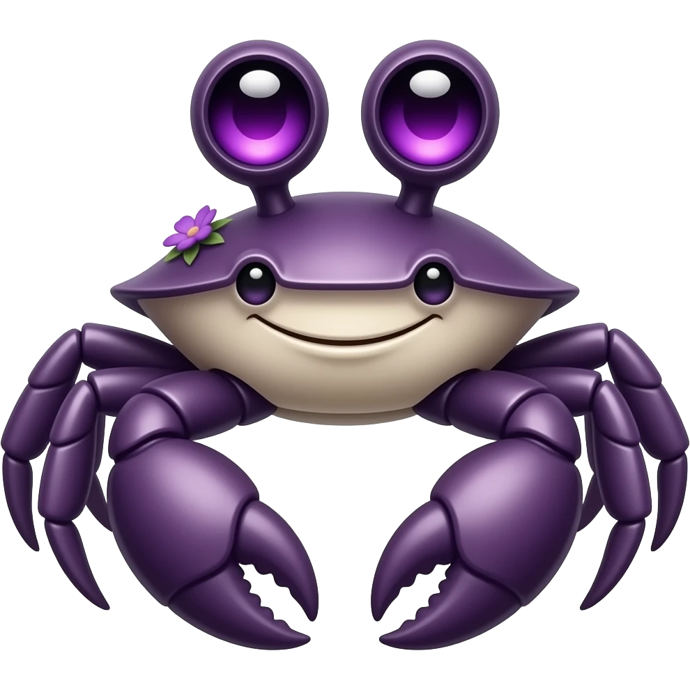 A purple crab with a purple  flower growing on its back on its back purplen eyes glowing eyes facing forward emoji