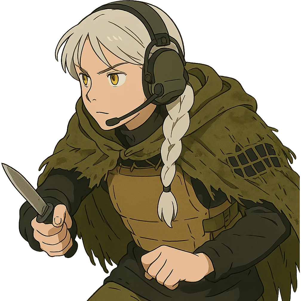 1 female, mid 20's, white hair in a long braid, gold yellow eyes, adorned in a black long sleeve shirt, tan body armor and a worn olive-green cloak with netting holding it together. She wears a COMTAC headset. she is hunched slightly, stealthily, focused on her target, holding a small combat blade at the ready emoji