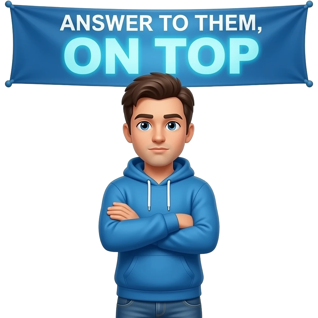 A 3D emoji-style illustration of a friendly man in casual clothes (blue hoodie and jeans), standing with arms crossed and looking directly at the viewer with a serious face. Text in banner: 'ANSWER TO THEM, ON TOP' white text, while the name 'ON TOP' is rendered in a vibrant, glowing sky blue color. emoji