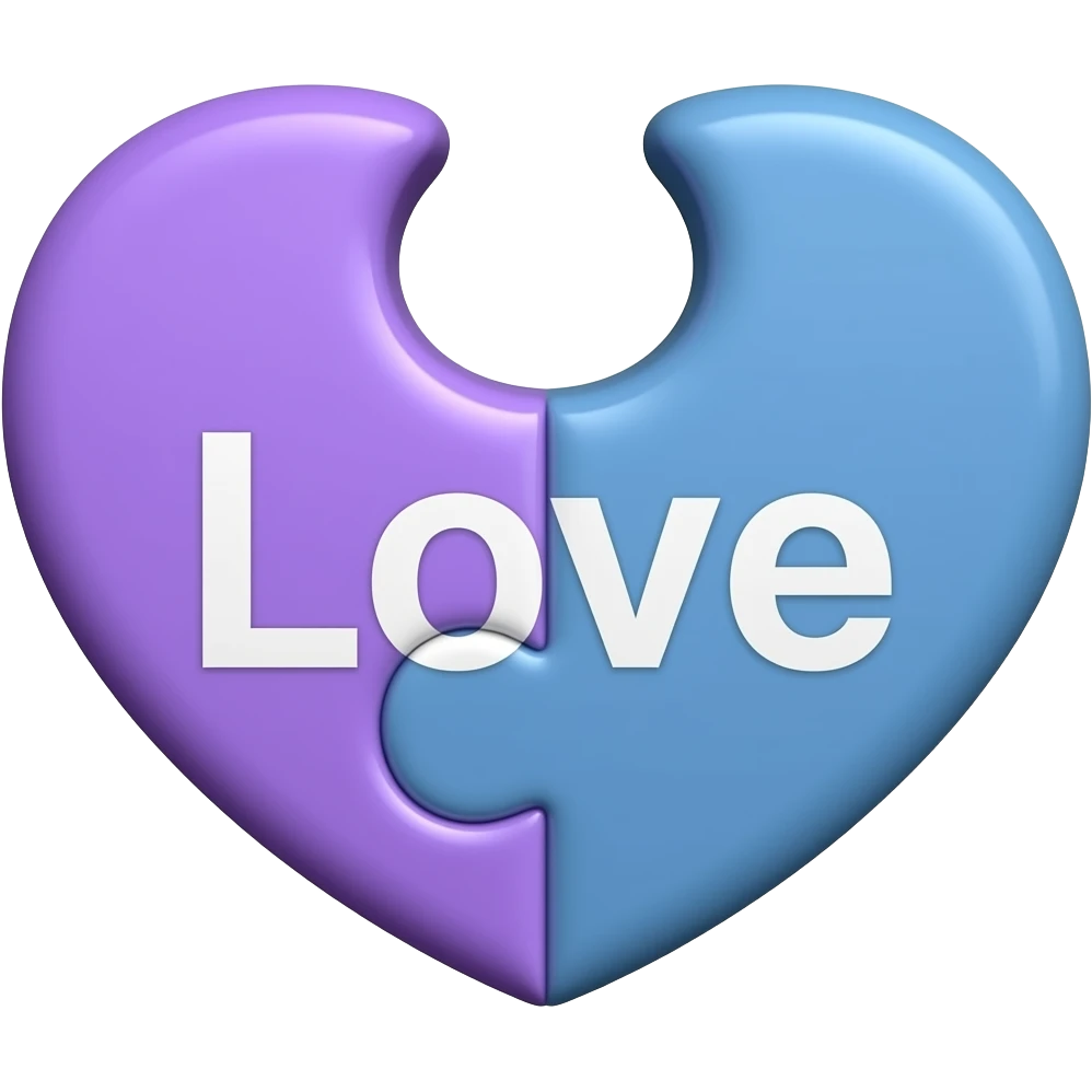 Half purple  half blue heart puzzle piece with the word "Love" emoji