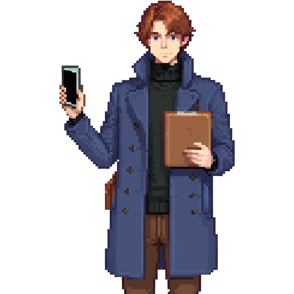 Flat pixel art, bold and charismatic male leader, Caucasian, short auburn hair, sharp eyes, indigo coat over black turtleneck, one arm raised pointing out, holding tablet, waist-up, front-facing emoji