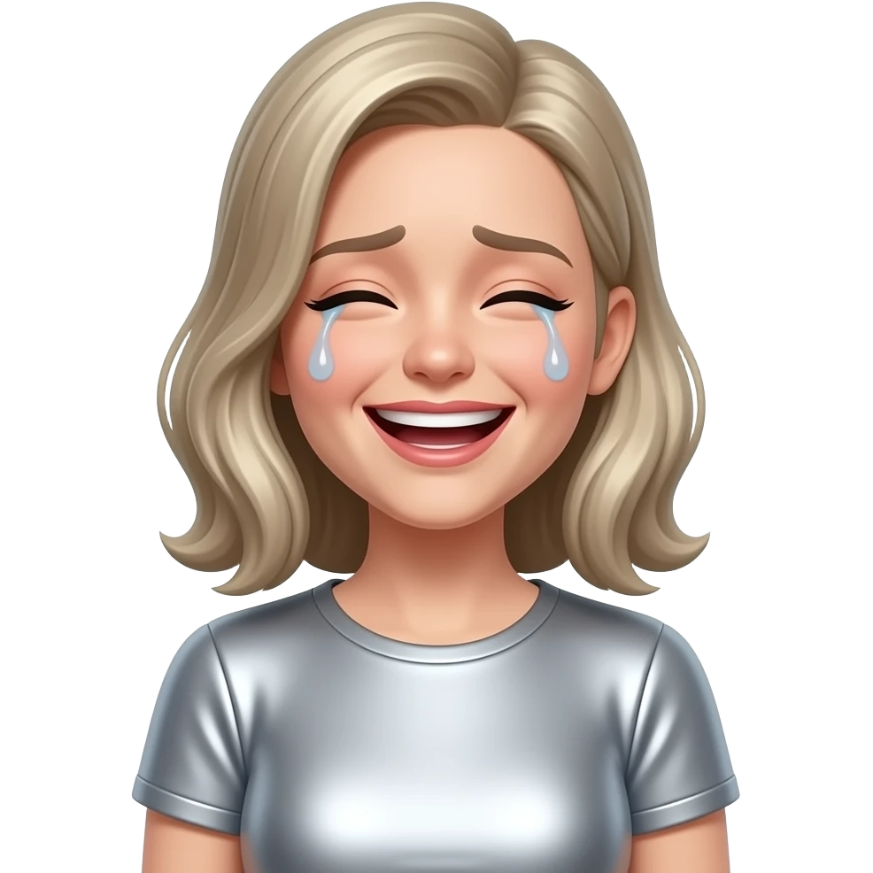 Create an emoji of a seated woman in metallic silver. The woman is making a laughing-crying face expression. The background is white. The final result must have maximum resolution, high contrast, and extreme sharpness. Illustration style: Vintage – Art Deco – 2D emoji