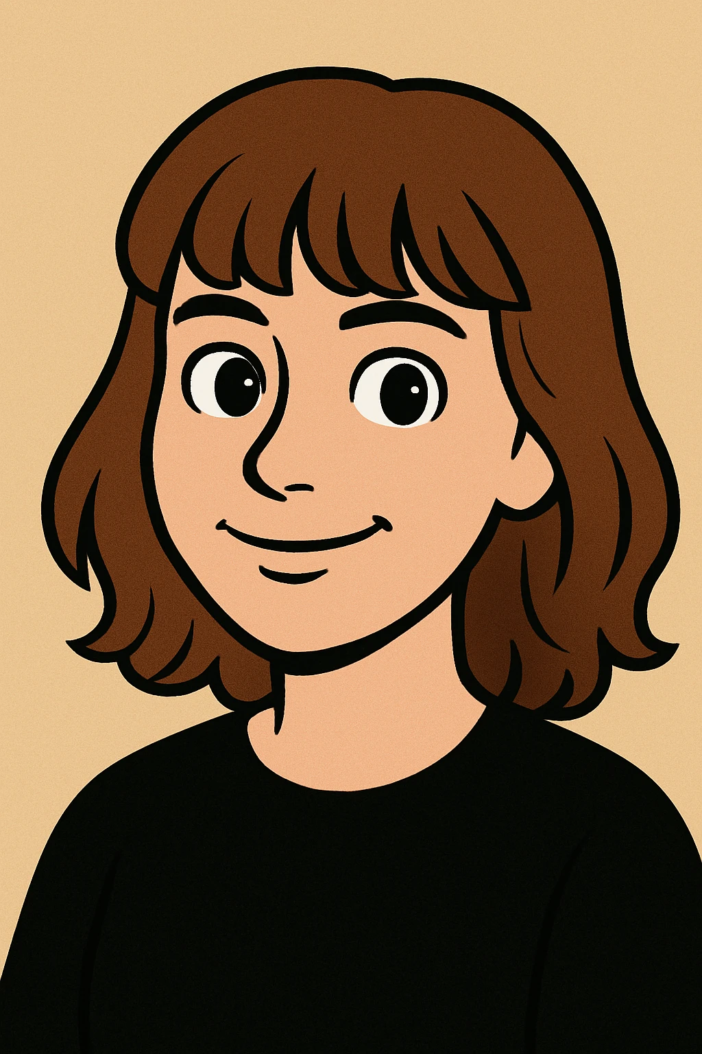 cartoon style portrait, brown hair with bangs, brown eyes, black shirt, plain background emoji