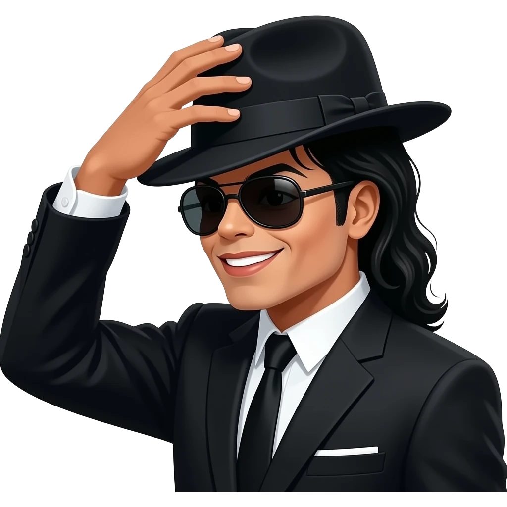 Michael Jackson mysterious smirk with his palm on top of his hat wearing shades side profile all black suit emoji