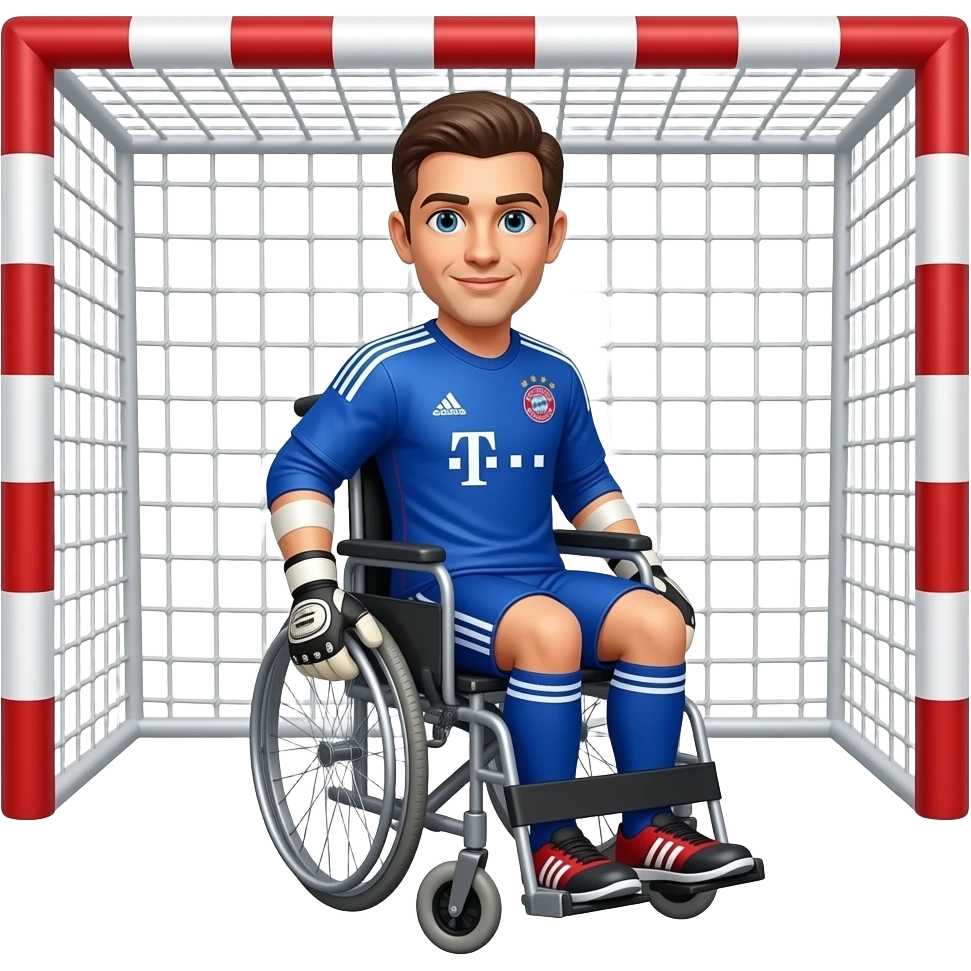 der Torwart von fc bayern münchen hat sich verletzt, daher ist er im Fussballtor sitzend im Rollstuhl emoji