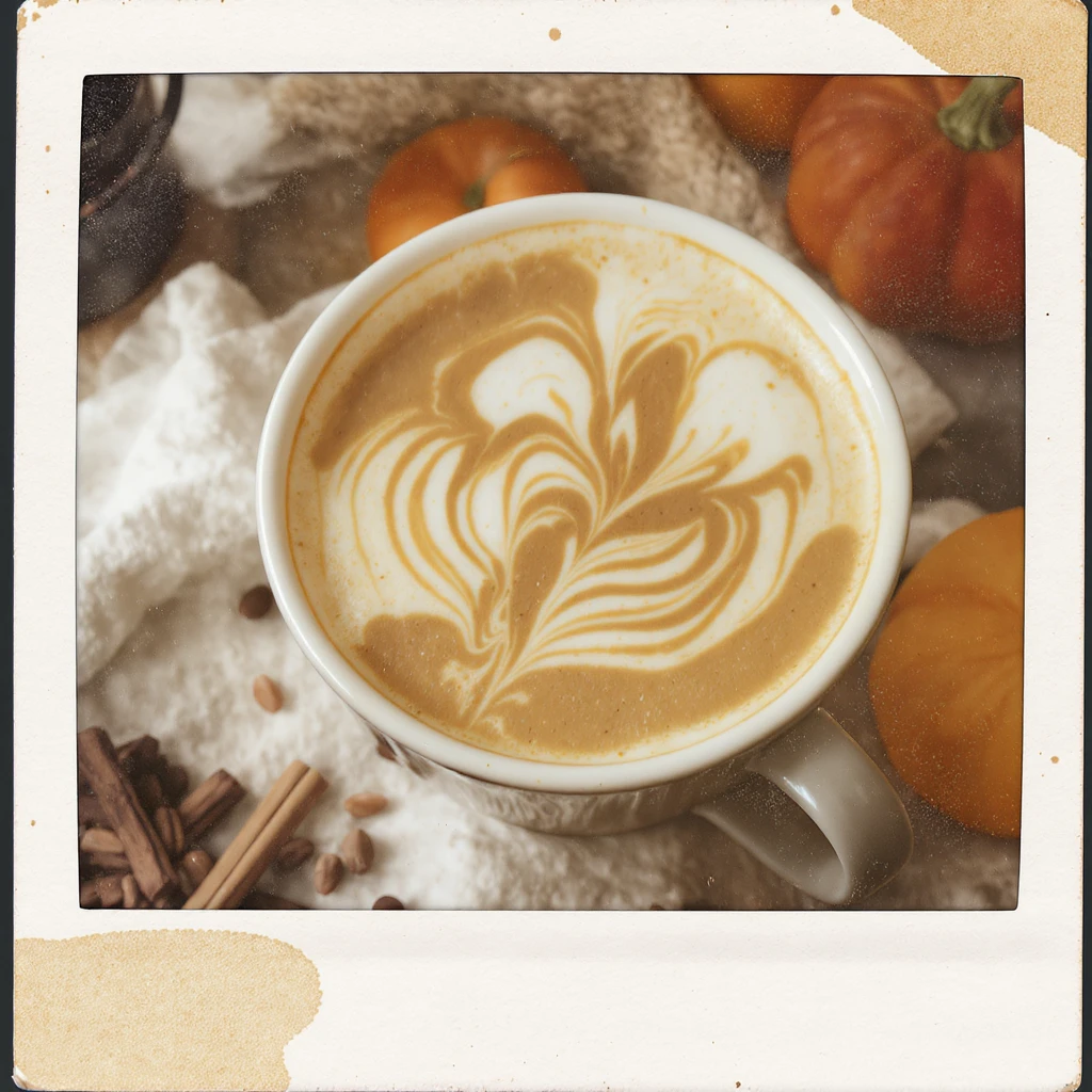 coffee latte art seamless background, pumpkin spice latte, creamy brown and orange tones, cozy autumn café vibe, watercolor effect emoji