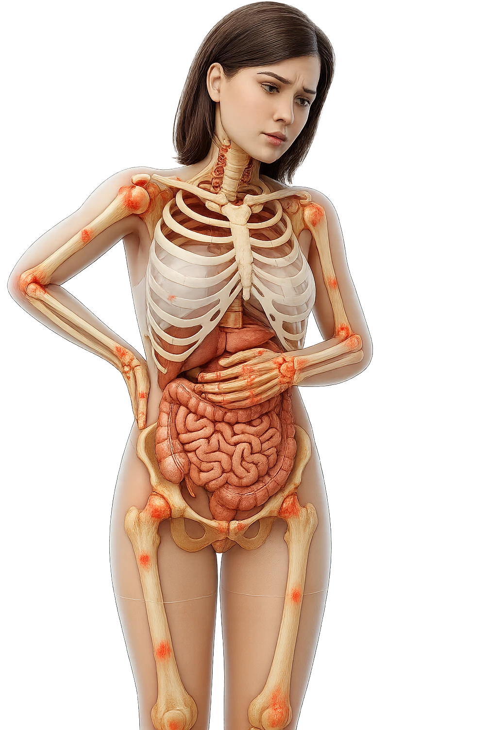 donna realistica a figura intera con red spot sparsi alle ossa, ossa del corpo visibili sul corpo, non sul volto iperrealistico 4k emoji
