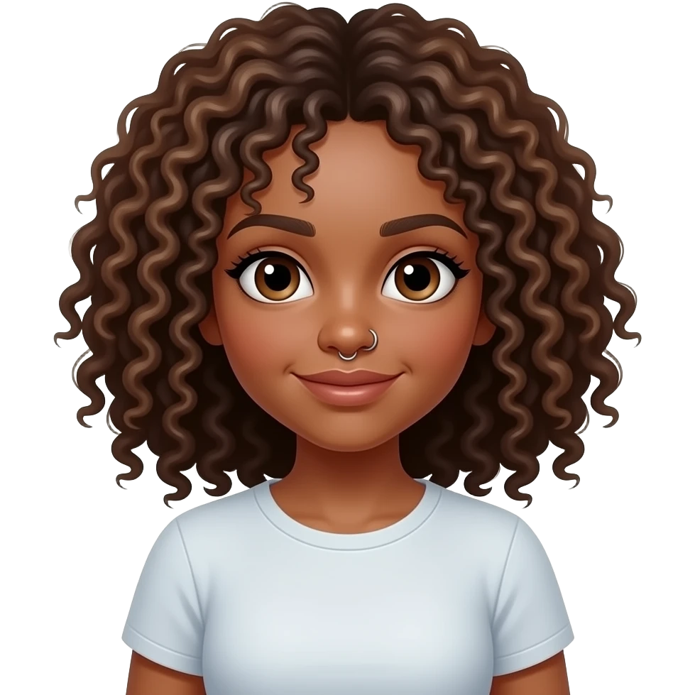 light-skinned black girl with curly brown hair with a lateral nose percing coding in a pc emoji