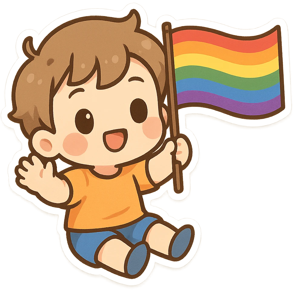 gay pride rainbow flag waving, bright and cheerful, chibi style emoji