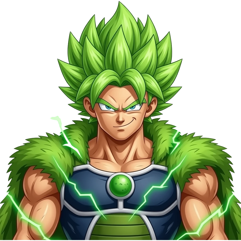 Un broly super poderoso y musculoso con capa peluda y verde y el pelo de un verde florescente y rayos verdes al alrededor emoji