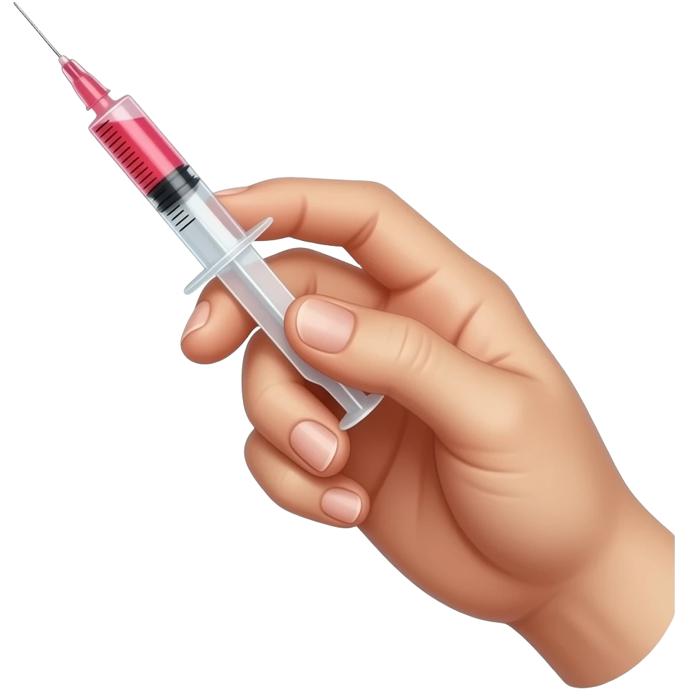 A dainty male hand holding a syringe with glowing neon-red liquid inside emoji